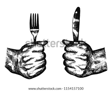 cutlery in hands silhouette black vector. fork and kitchen knife isolated