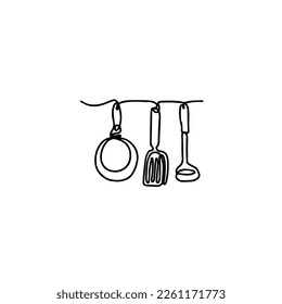 Cutlery hanging line art background. One line drawing of different kitchen utensils. Vector illustration