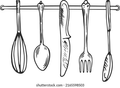 Cutlery hanging on kitchen wall. Kitchenware black sketch