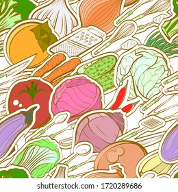 Cutlery and Healthy food pattern. Background for printing, design, web. Seamless. Colored.