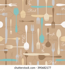 Cutlery icon beige seamless pattern. Fork, knife, spoon silhouettes and contours on brown background