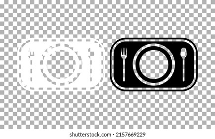 Cutlery icon in black, white. Plate fork and knife silhouette. Isolated illustration on transparent. Symbol cafe events and restaurant waiter. As template of card, banner, menu, flyer. Vector EPS 10 