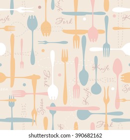 Cutlery icon bright seamless pattern. Fork, knife, spoon silhouettes and contours in pastel colors