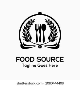 Cutlery Icon. Fork, Knife, Spoon And Wheat Or Rice In A Serving Hood. Logo For Restaurant Business, Simple, Luxury And Modern Vector Illustration