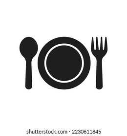 cutlery icon, fork, spoon and plate vector icon in trendy flat design