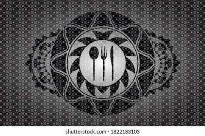 icono de cubiertos dentro de una insignia realista abstracta oscura. Patrón de fondo de moda. Ilustración vectorial. 