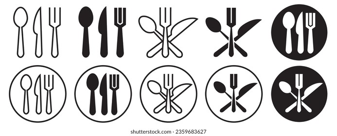 Icono de cubiertos. Vajilla de cocina con cuchara, cuchillo y utensilios de horquilla. Vector de equipo de metal de plato de comida. Cucharadita de vajilla para el almuerzo de la cena con un cartel de herramienta de comedor.  