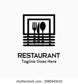 Cutlery icon. knife, fork and spoon in a wooden fence house shape box. logo for restaurant business, simple, luxury and modern vector illustration