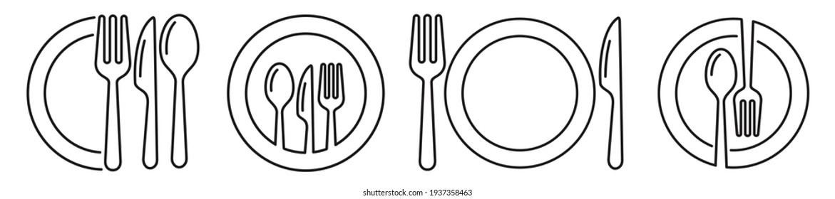 cutlery icon in line style, spoon, Fork, knife and plate, menu, Dinner service collection, restaurant business concept. Vector illustration