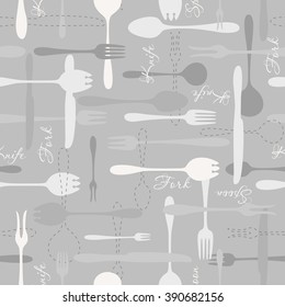 Cutlery icon monochrome seamless pattern. Fork, knife, spoon silhouettes and contours on gray background