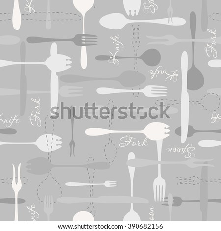 Cutlery icon monochrome seamless pattern. Fork, knife, spoon silhouettes and contours on gray background