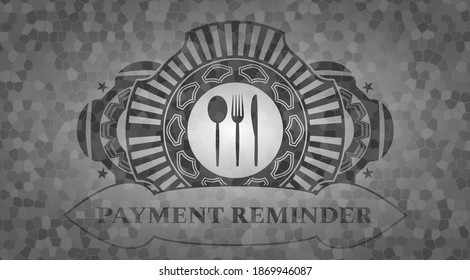 Besteck-Symbol und Zahlung Erinnerung Text Stein Wand realistisches Badge. Rock, gut aussehender Hintergrund. Illustration. 