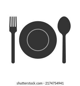 Icono de cubiertos. Placa, cuchara y tenedor sobre fondo blanco