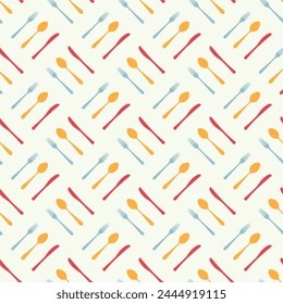 Cutlery icon seamless pattern. Fork, knife, spoon silhouettes and contours. texture for menu. Vector illustration in flat style.