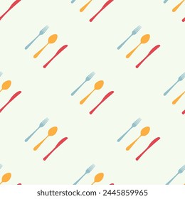 Cutlery icon seamless pattern. Fork, knife, spoon silhouettes and contours. texture for menu. Vector illustration in flat style.