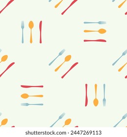 Cutlery icon seamless pattern. Fork, knife, spoon silhouettes and contours. texture for menu. Vector illustration in flat style.