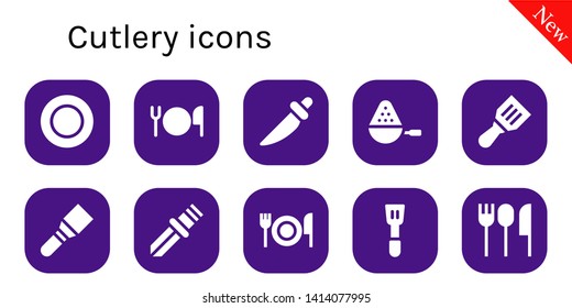 cutlery icon set. 10 filled cutlery icons.  Collection Of - Plate, Cutlery, Knife, Spoon, Spatula, Fork