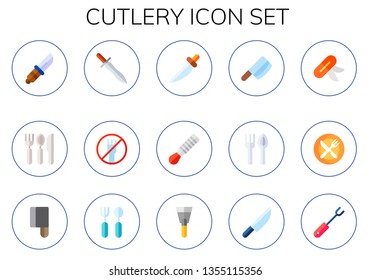 cutlery icon set. 15 flat cutlery icons.  Collection Of - knife, spatula, cleaver, restaurant, fork