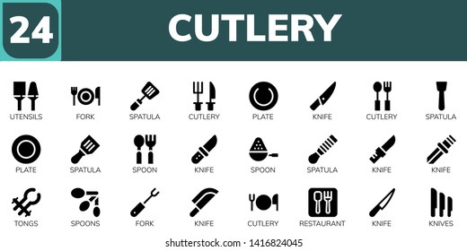 cutlery icon set. 24 filled cutlery icons.  Collection Of - Utensils, Fork, Spatula, Cutlery, Plate, Knife, Spoon, Tongs, Spoons, Restaurant, Knives