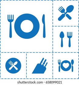 Cutlery icon. set of 6 cutlery filled icons such as spoon and fork, plate fork and spoon