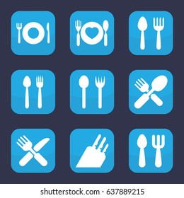 Cutlery icon. set of 9 filled cutlery icons such as spoon and fork, plate fork and spoon