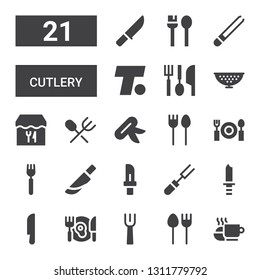 cutlery icon set. Collection of 21 filled cutlery icons included Meal, Cutlery, Fork, Dinner, Knife, Restaurant, Colander, Eating utensils, Turner, Tongs, Utensils