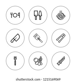 Cutlery icon set. collection of 9 outline cutlery icons with cutlery, fork, knife, plate, spoons, tongs icons. editable icons.