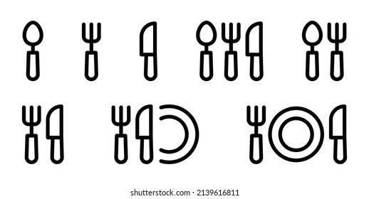 Juego de iconos de cubiertos. Conteniendo el diseño de la línea de iconos de cuchara, cuchillo, tenedor y placa.