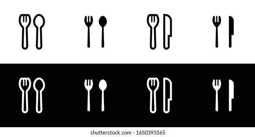 Cutlery icon set. Flat design icon collection isolated on black and white background. Spoon, fork, and knife. Breakfast, lunch, and dinner.
