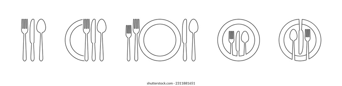 Icono de cubiertos. Juego de tenedor, cuchillo, cuchara. Icono de software de mesa. Menú de logotipo. Fijado en estilo plano. Silhouette de cubiertos. Ilustración vectorial 10 pasos.