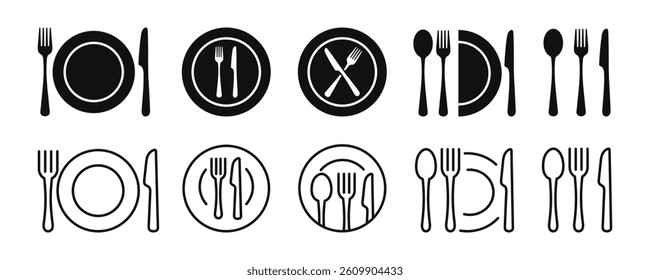 Cutlery icon set. Fork, plate, knife and spoon. Line and silhouette style. Vector.