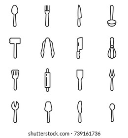 Cutlery icon set, linear design. Line with editable stroke