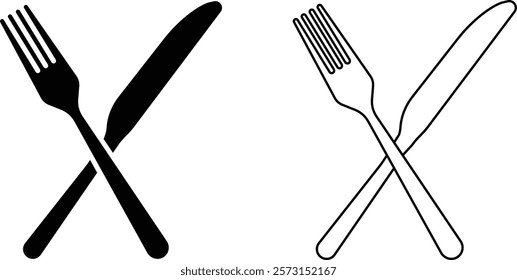 Cutlery icon set. Place Setting Paper Plate, Plastic Fork, Knife black line and flat vector collection isolated on transparent background. Utensils meal crockery symbol for food and app