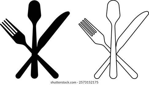 Cutlery icon set. Place Setting Paper Plate, Plastic Fork, Spoon, Knife black line and flat vector collection isolated on transparent background. Utensils meal crockery symbol for food and app