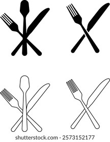 Cutlery icon set. Place Setting Paper Plate, Plastic Fork, Spoon, Knife black line and flat vector collection isolated on transparent background. Utensils meal crockery symbol for food and app