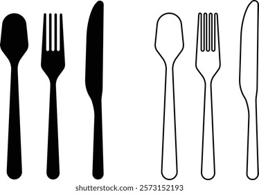 Cutlery icon set. Place Setting Paper Plate, Plastic Fork, Spoon, Knife black line and flat vector collection isolated on transparent background. Utensils meal crockery symbol for food and app