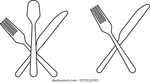 Cutlery icon set. Place Setting Paper Plate, Plastic Fork, Spoon, Knife black line and flat vector collection isolated on transparent background. Utensils meal crockery symbol for food and app