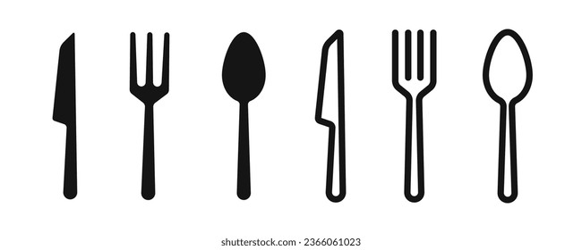 Juego de iconos de cubiertos. Cuchara, tenedor, íconos de cuchillo. Iconos de software. Iconos vectoriales de estilo de silueta.