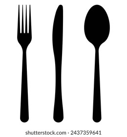 Besteck-Icon-Set. Löffel, Gabel, Gabeln, Messer. Schwarze Silhouette. Menü "Logotyp". Geschirr im flachen Stil. Abendessen Service Sammlung. Vektorgrafik