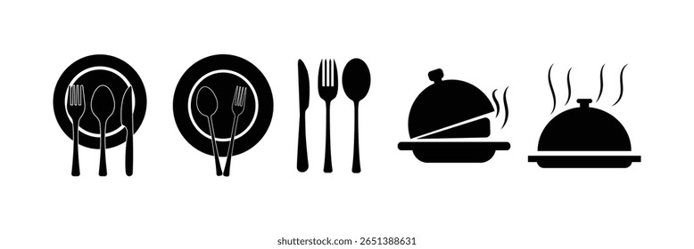 Conjunto de ícone talheres - colher, garfo, cloche de faca e símbolos de placa para restaurante Menu, Food App e jantar UI. vetor.

