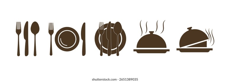 Conjunto de ícone talheres - colher, garfo, cloche de faca e símbolos de placa para restaurante Menu, Food App e jantar UI. vetor.
