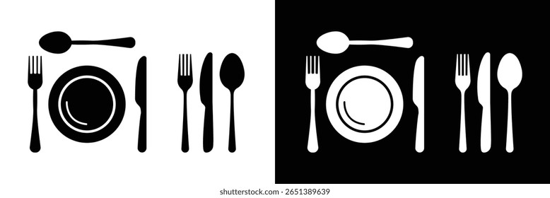 Cutlery Icon Set – Spoon, Fork, Knife cloche and Plate Symbols for Restaurant Menu, Food App and Dining UI. vector.
