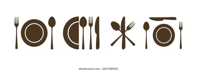 Conjunto de ícone talheres - colher, garfo, cloche de faca e símbolos de placa para restaurante Menu, Food App e jantar UI. vetor.
