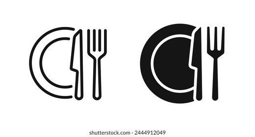Juego de iconos de cubiertos. Vajilla, Vajilla, Iconos de utensilios de cocina. Iconos de tenedor y cuchillo.