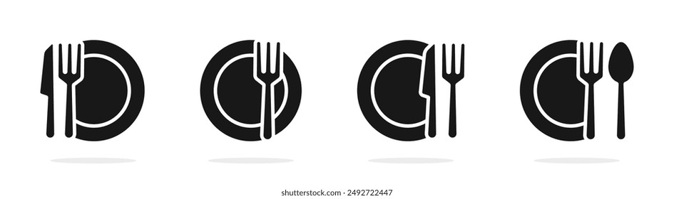 Juego de iconos de cubiertos. Vajilla, Vajilla, Iconos de utensilios de cocina. Iconos vectoriales de silueta y estilo lineal.