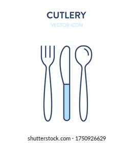 Cutlery icon. Set of vector simple outline illustrations of fork, knife and spoon in white background. Represents a concept of serving food, tableware, kitchen, restaurant or canteen symbol or logo
