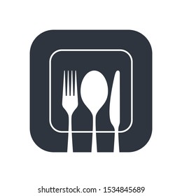 Cutlery icon. Spoon, fork and knife on the plate. Isolated image on white background. Restaurant menu symbol. Vector illustration