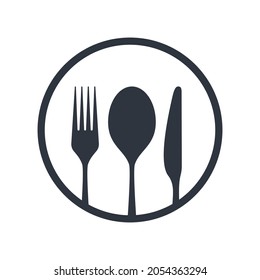 Cutlery icon. Spoon, fork and knife sign in the circle isolated on white background. Restaurant menu symbol. Vector illustration