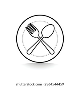 Cutlery-Symbol. Löffel, Gabel, Plattensymbol. Einfache Zeilenzeichnung mit bearbeitetem Strich