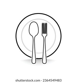 Cutlery icon. Spoon, fork, plate icon design. Line drawing with editable stroke